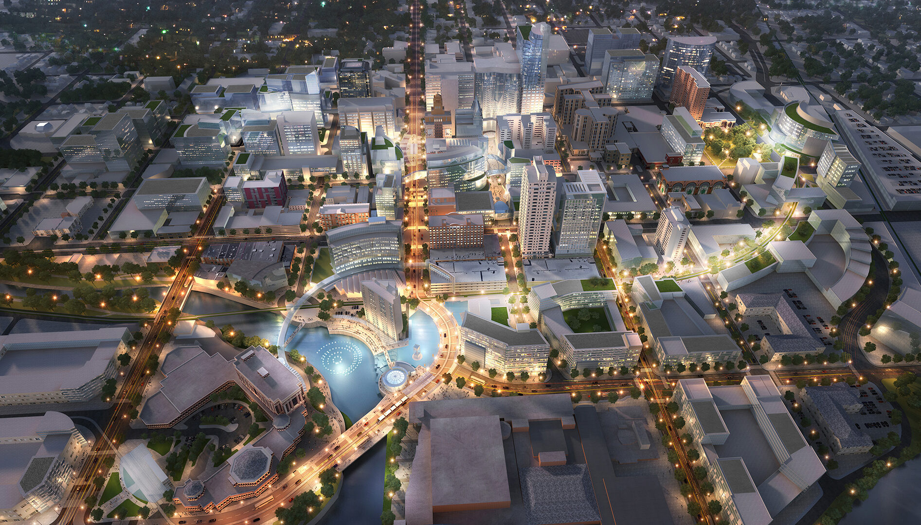 Mayo Clinic Destination Medical Center development plan nighttime aerial rendering