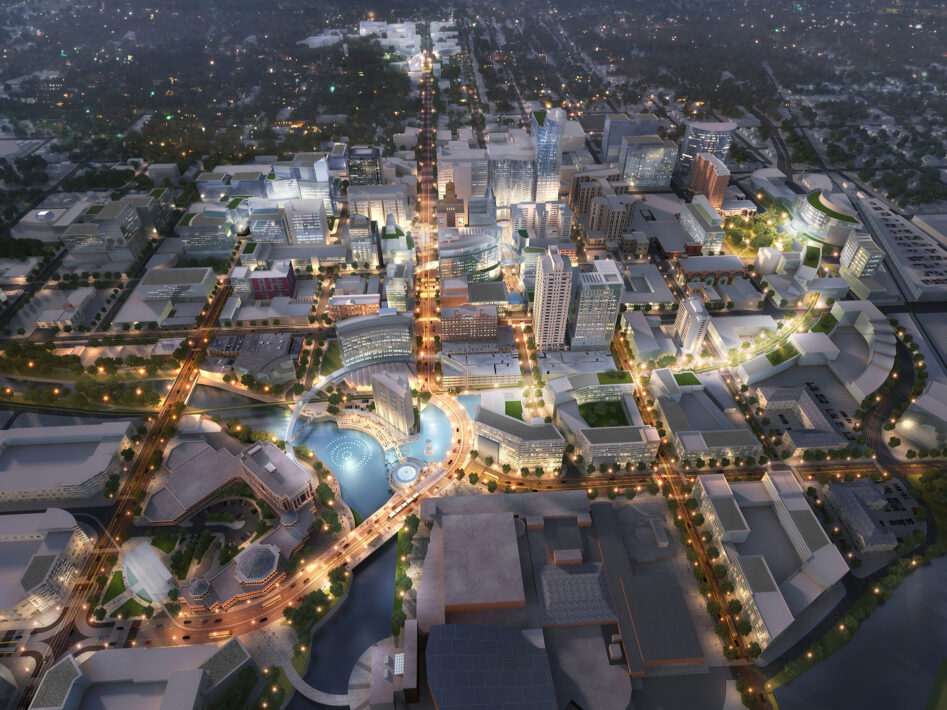 Mayo Clinic Destination Medical Center development plan nighttime aerial rendering