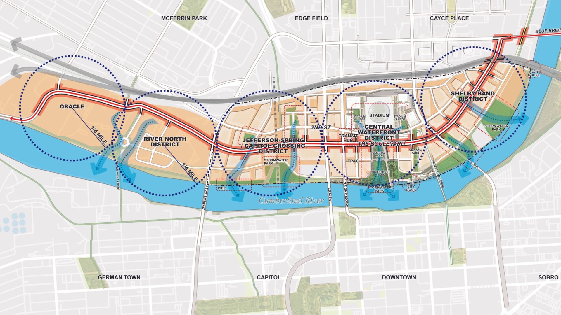Perkins Eastman Created a master plan for the East Bank of the Cumberland River that runs through central Nashville. The plan addresses city-owned property to the south of Jefferson Street; Oracle is establishing a new headquarters campus to the north, while private interests are planning development in the River North District