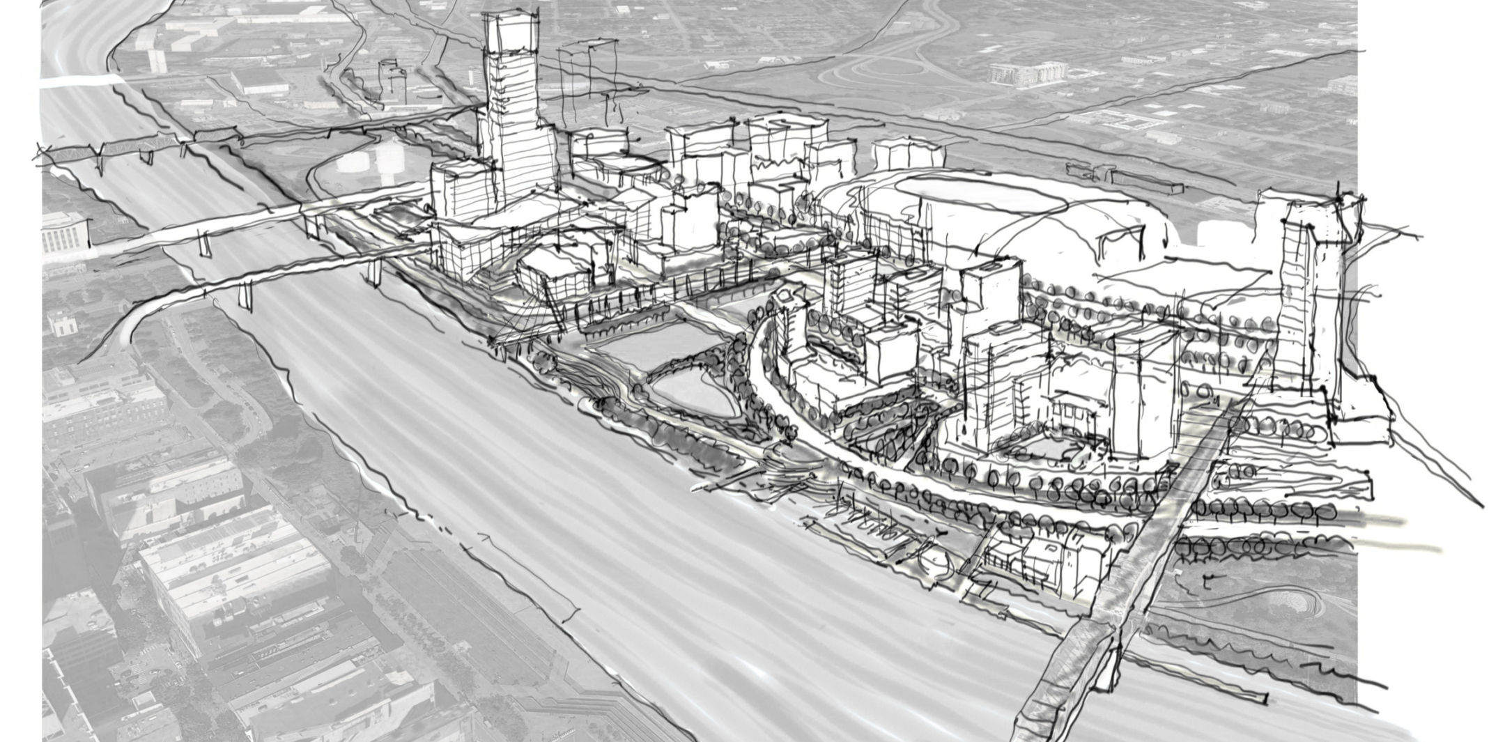 Black and white sketch of the newly envisioned Nashville East Bank