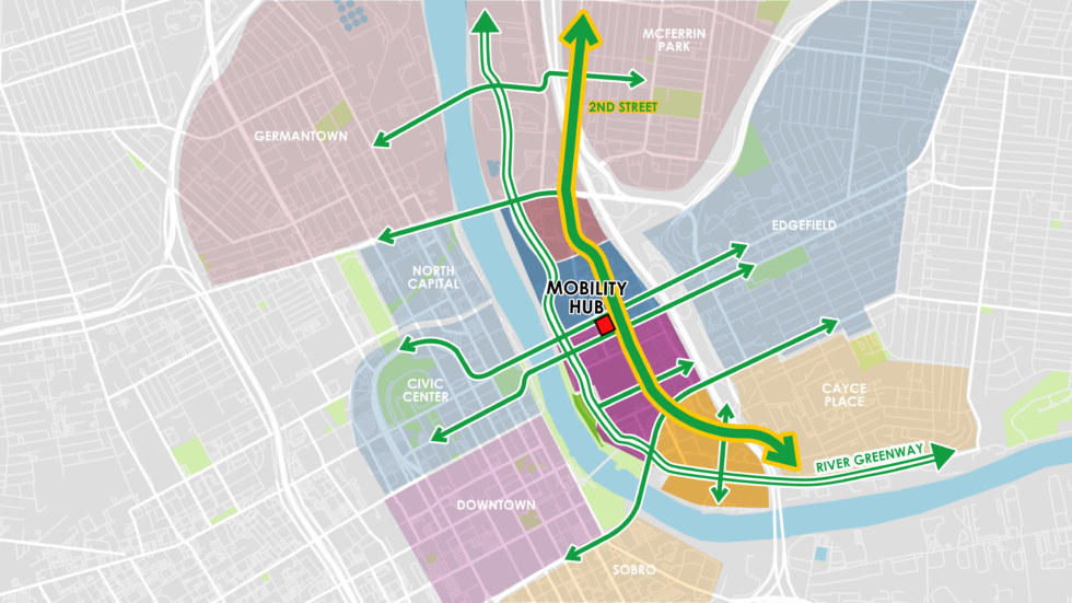 A map illustrates new Bus Rapid Transit lines, bike paths, and a mobility hub in Nashville's East Bank.