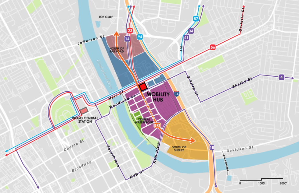 A map illustrate new Bus Rapid Transit lines and a mobility hub in Nashville's East Bank.