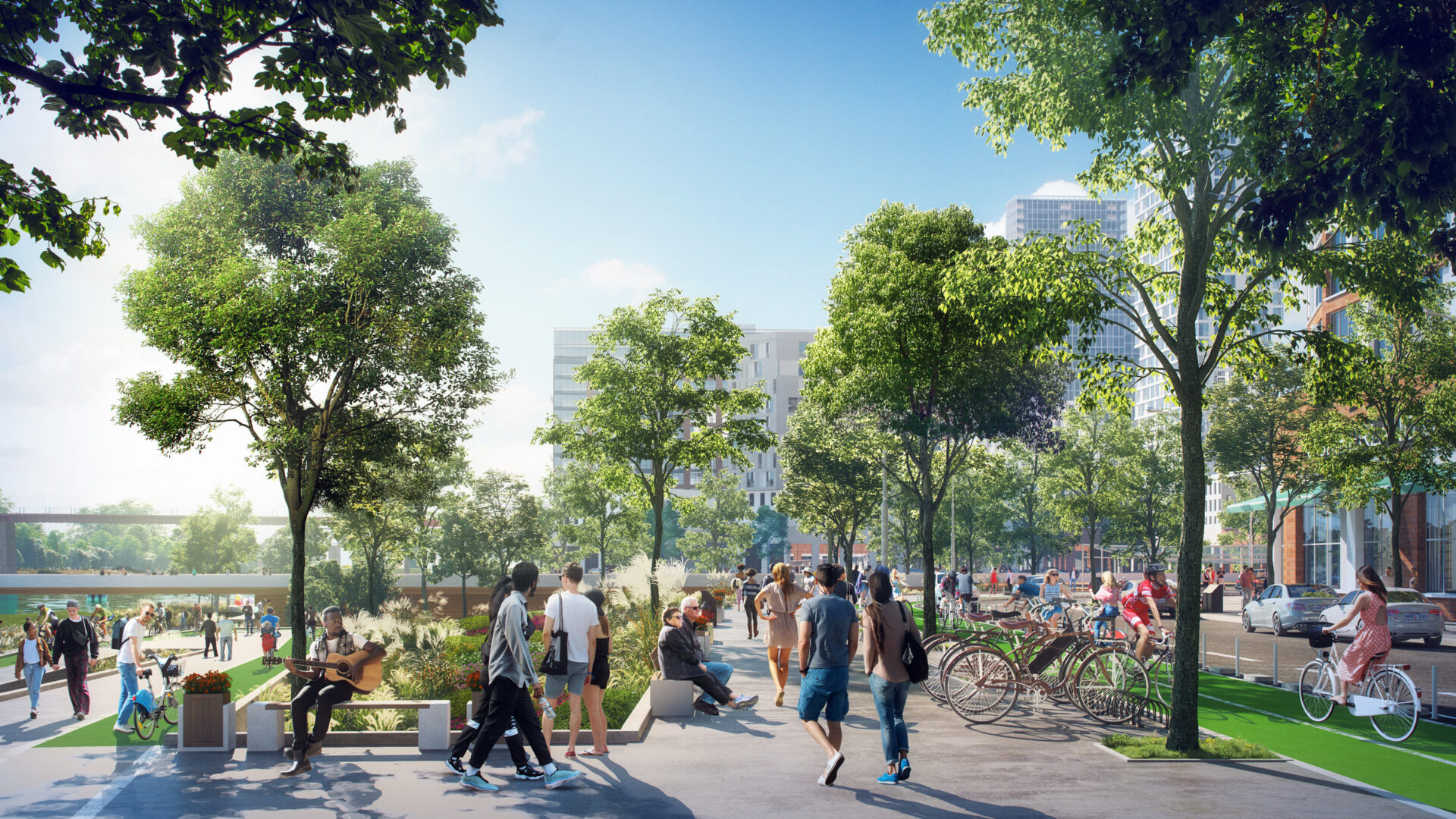 An illustration of the new greenway with a dedicated bike lane on Nashville's East Bank