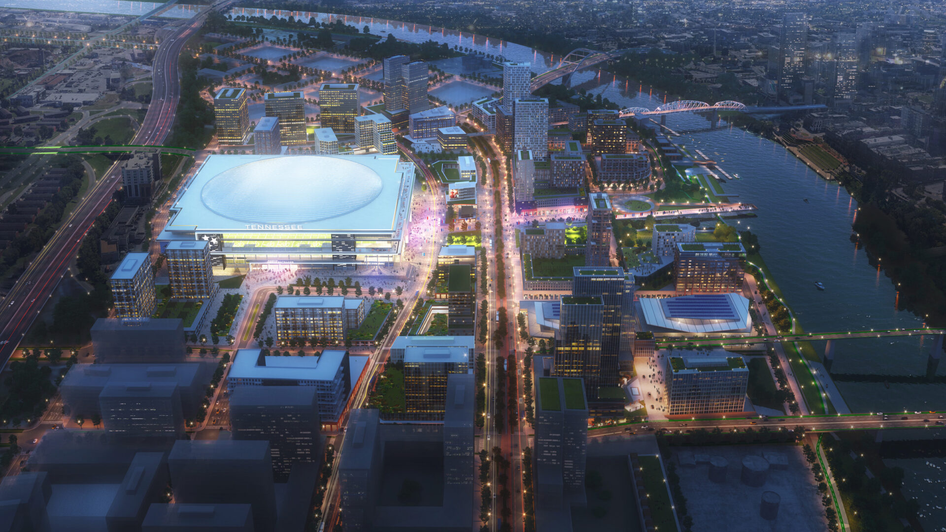 A rendering of the new Nashville East Bank shows how a new central boulevard will connect districts in the East Bank and its adjacent neighborhood districts.