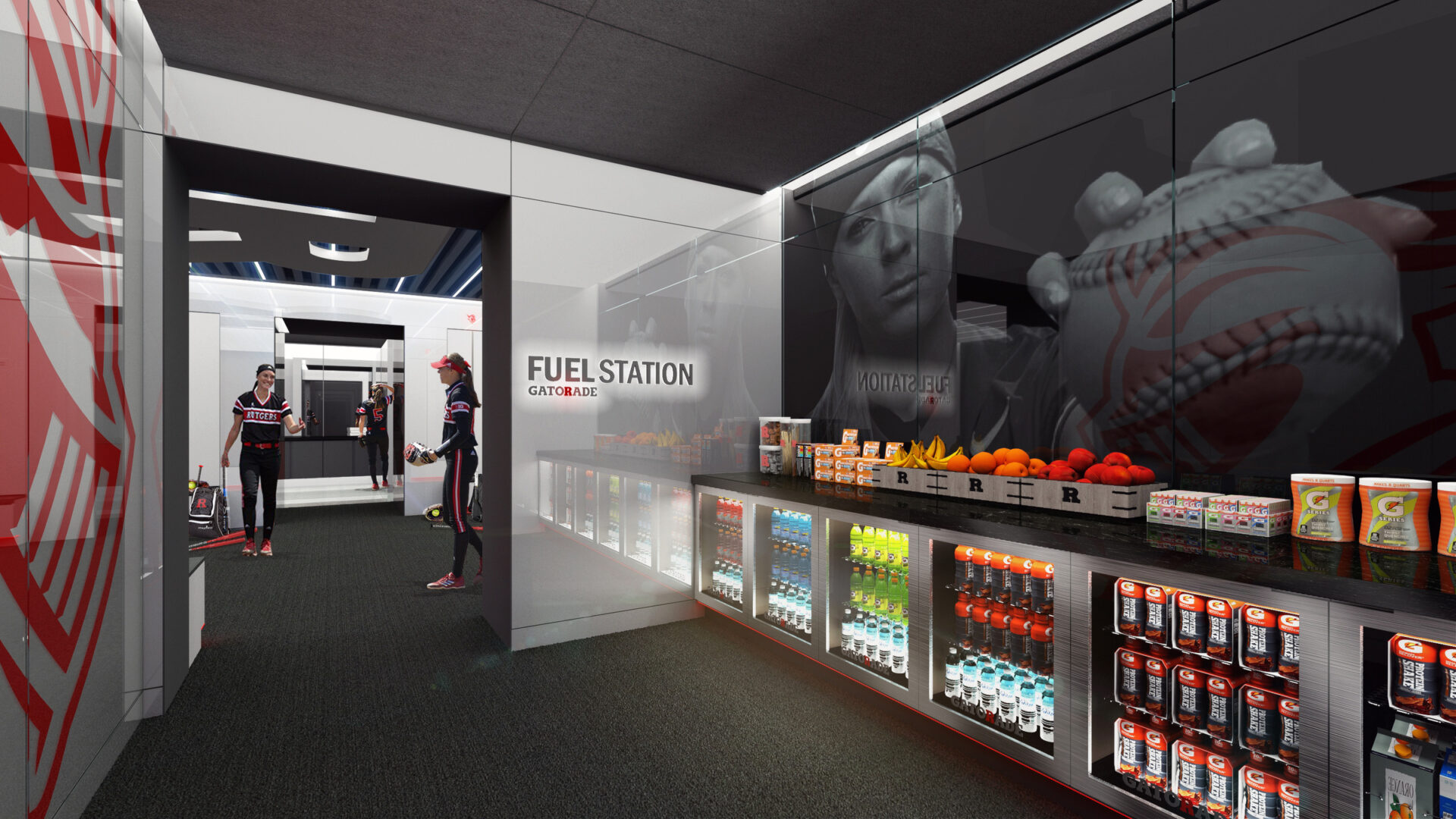The nutrition area in the Rutgers Women's Softball locker room.