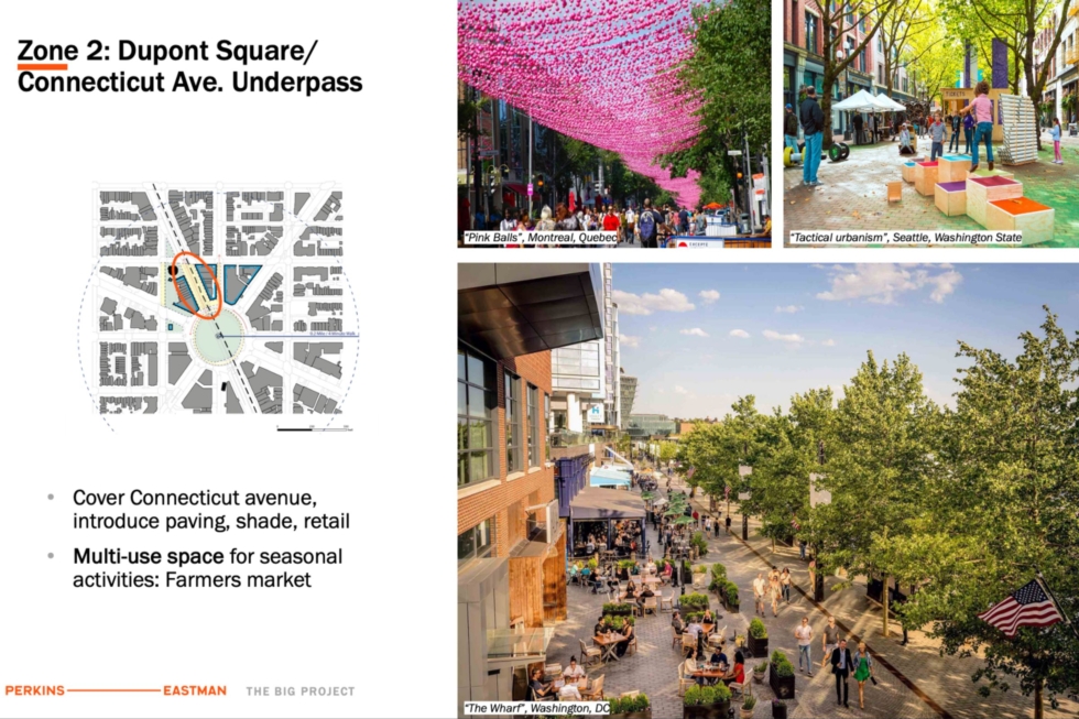 An illustration shows Perkins Eastman's proposed improvements to DuPont Circle and Connecticut Avenue in Washington, DC