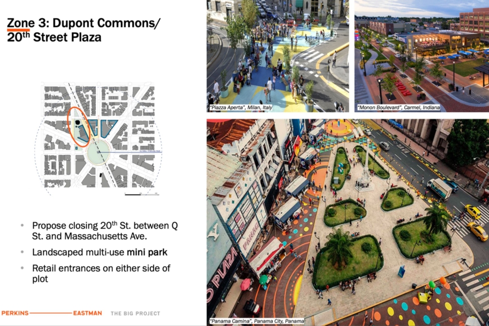 An illustration shows Perkins Eastman's proposed improvements to DuPont Circle, 20th Street, and Connecticut Avenue in Washington, DC