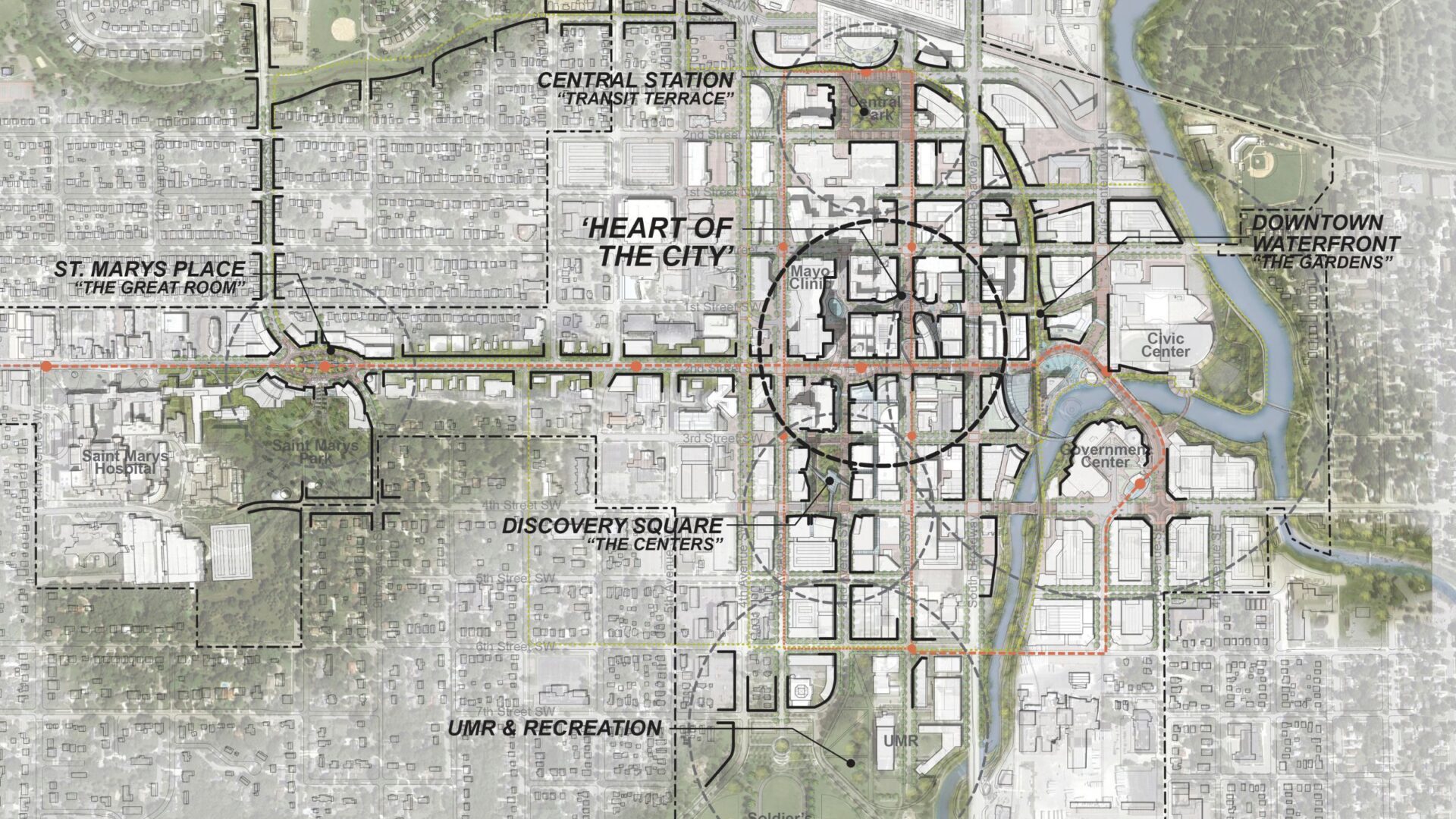 Rochester, MN, development plan map that lists the city's six sub-districts targeted for upgrades.