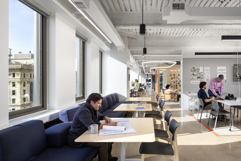 Large windows provide ample daylight into the workplace.