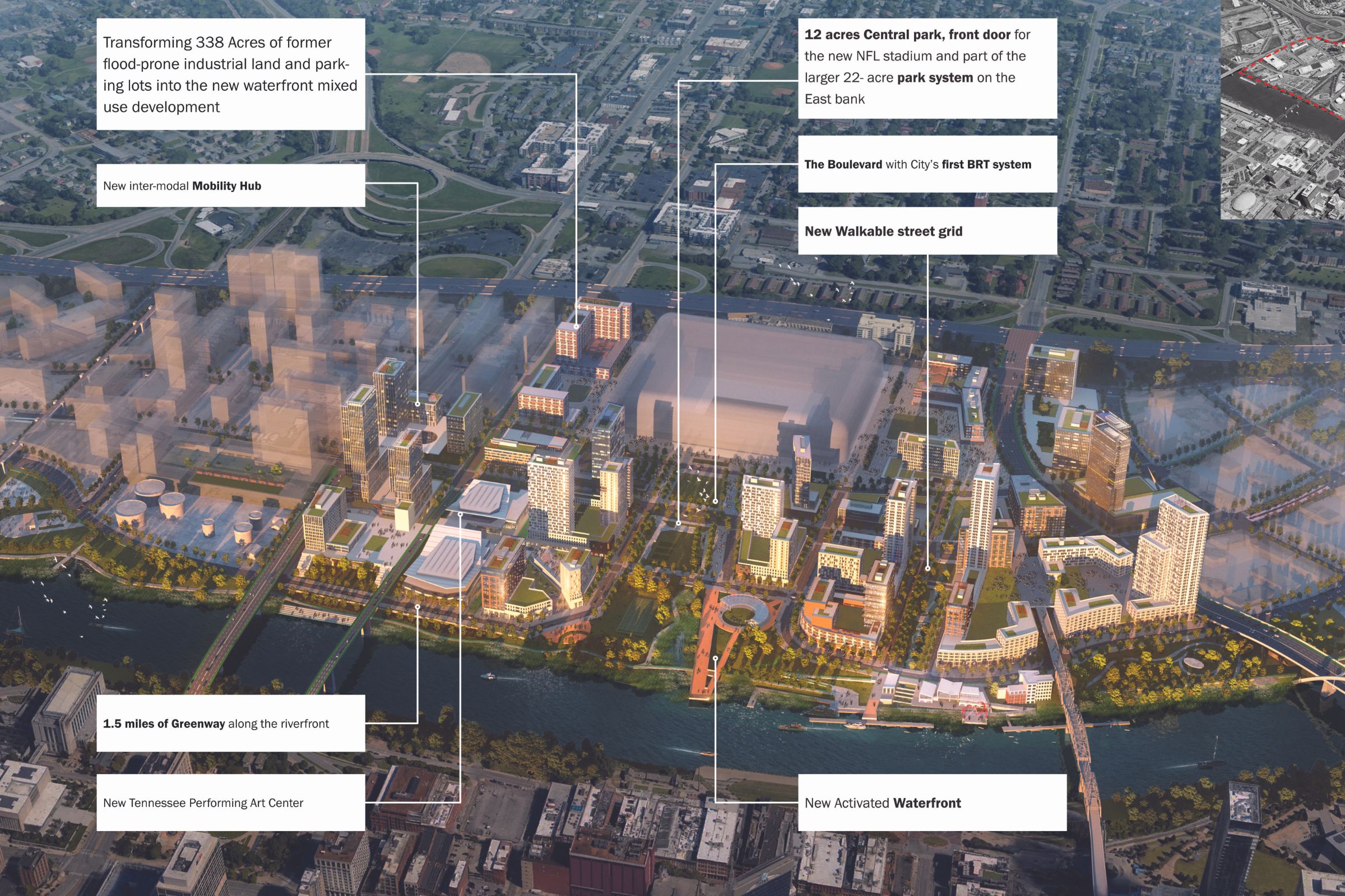 An aerial view of Nashville's East Bank depicts the details of a master plan to transform an industrial landscape into a mixed-use development. 