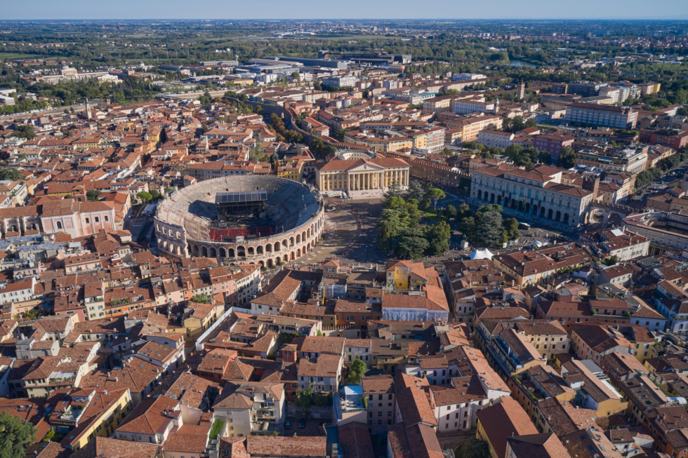 aerial view of Verona, Italy with its ancient colosseum