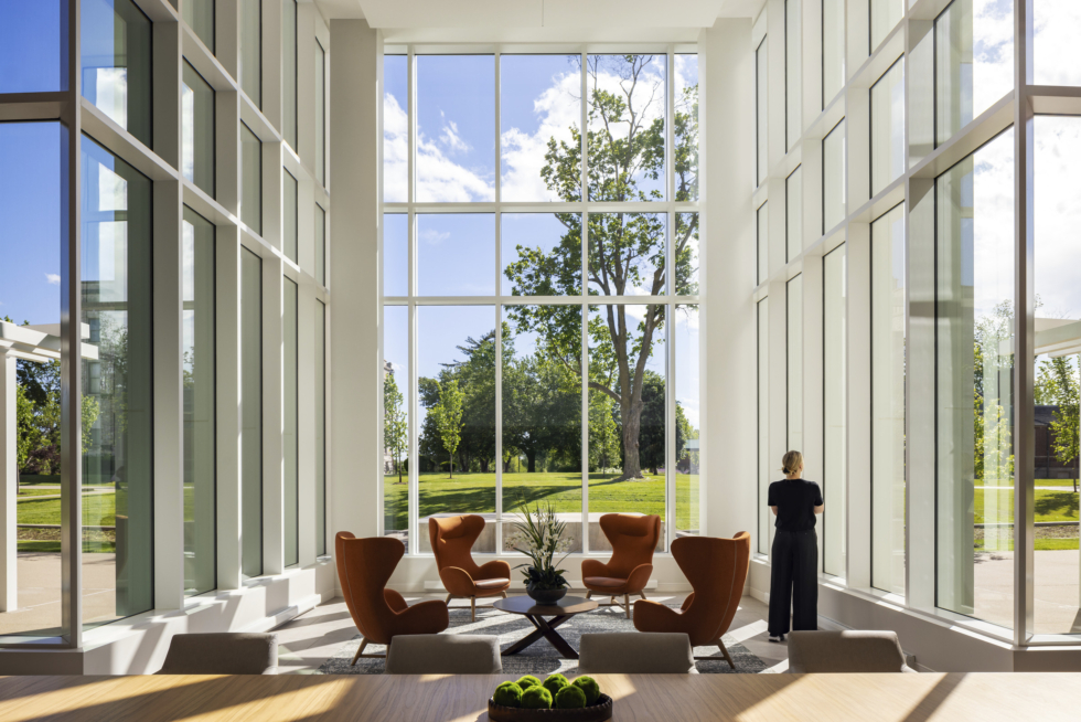 Floor to ceiling windows in the lobby at the long-term care facility at Illinois Veterans Home at Quincy