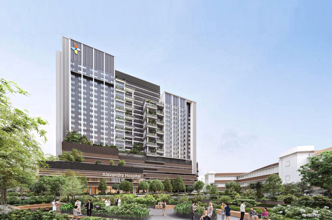 A rendering of Alexandra Hospital in Singapore, showing a lush outdoor living room in the foreground