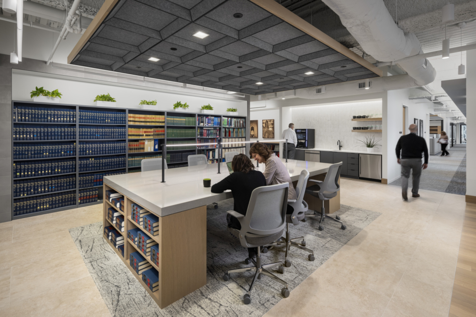 open plan law firm law library with kitchenette