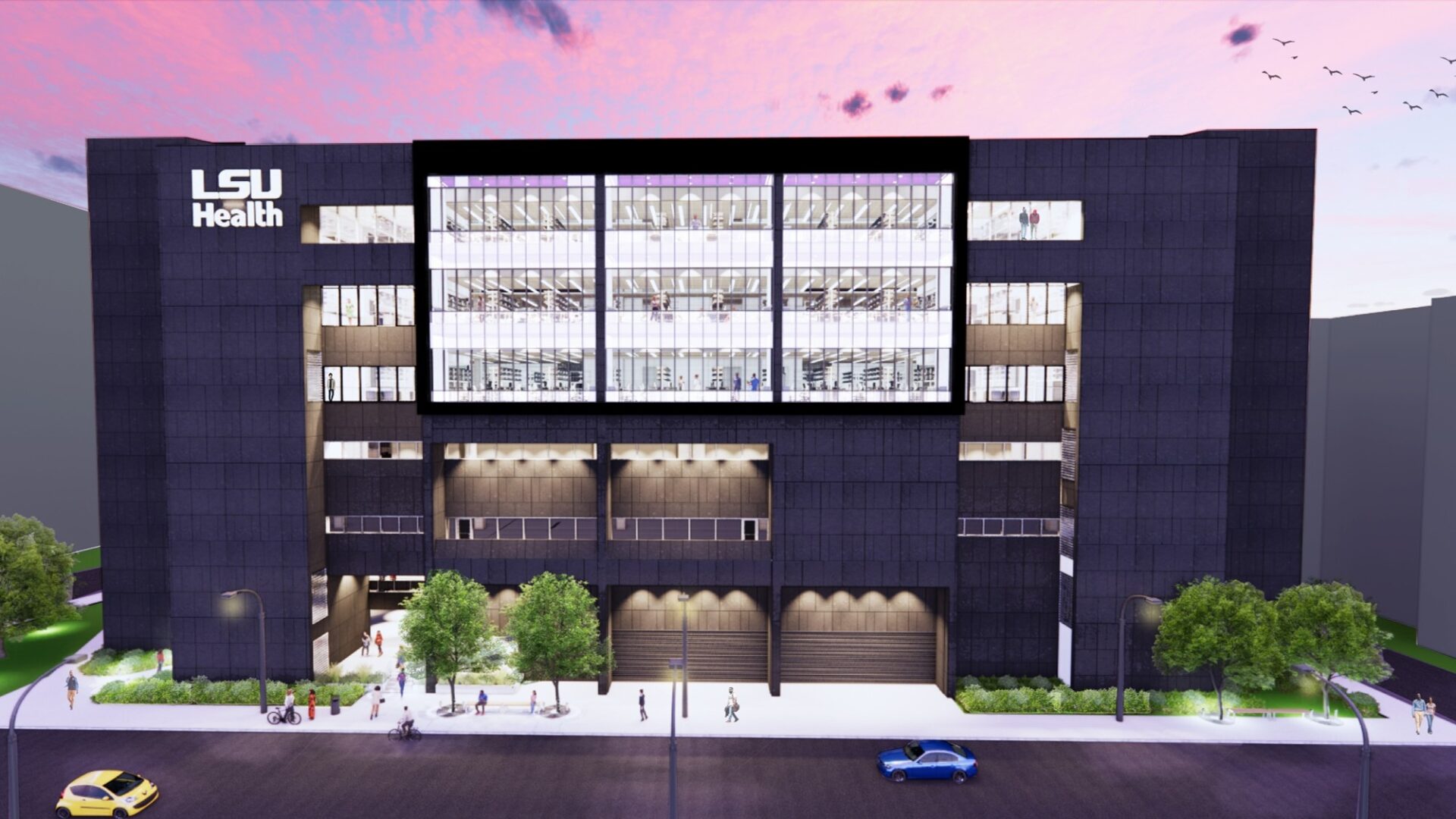LSU Health Medical Education Building rendering of renovated biomedical research floors, illustrating a three-story glass curtain wall.
