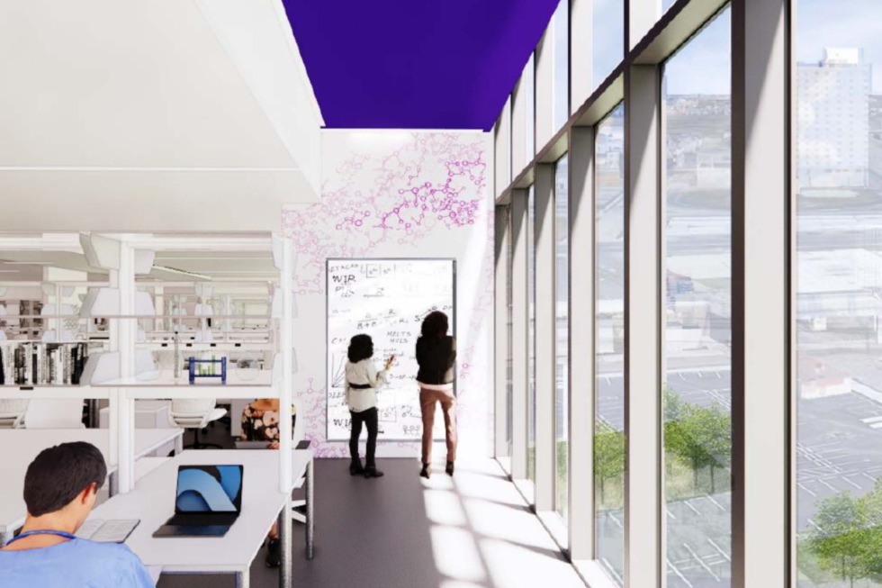 Rendering of window wall in an open-plan lab at LSU Health in New Orleans