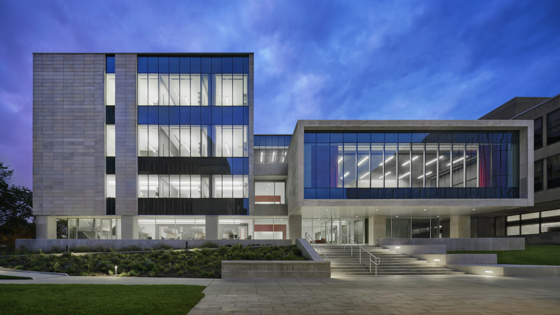 Albert A. Michelson Center for Physics, University of Chicago, dusk shot of exterior facing the North Science Quad