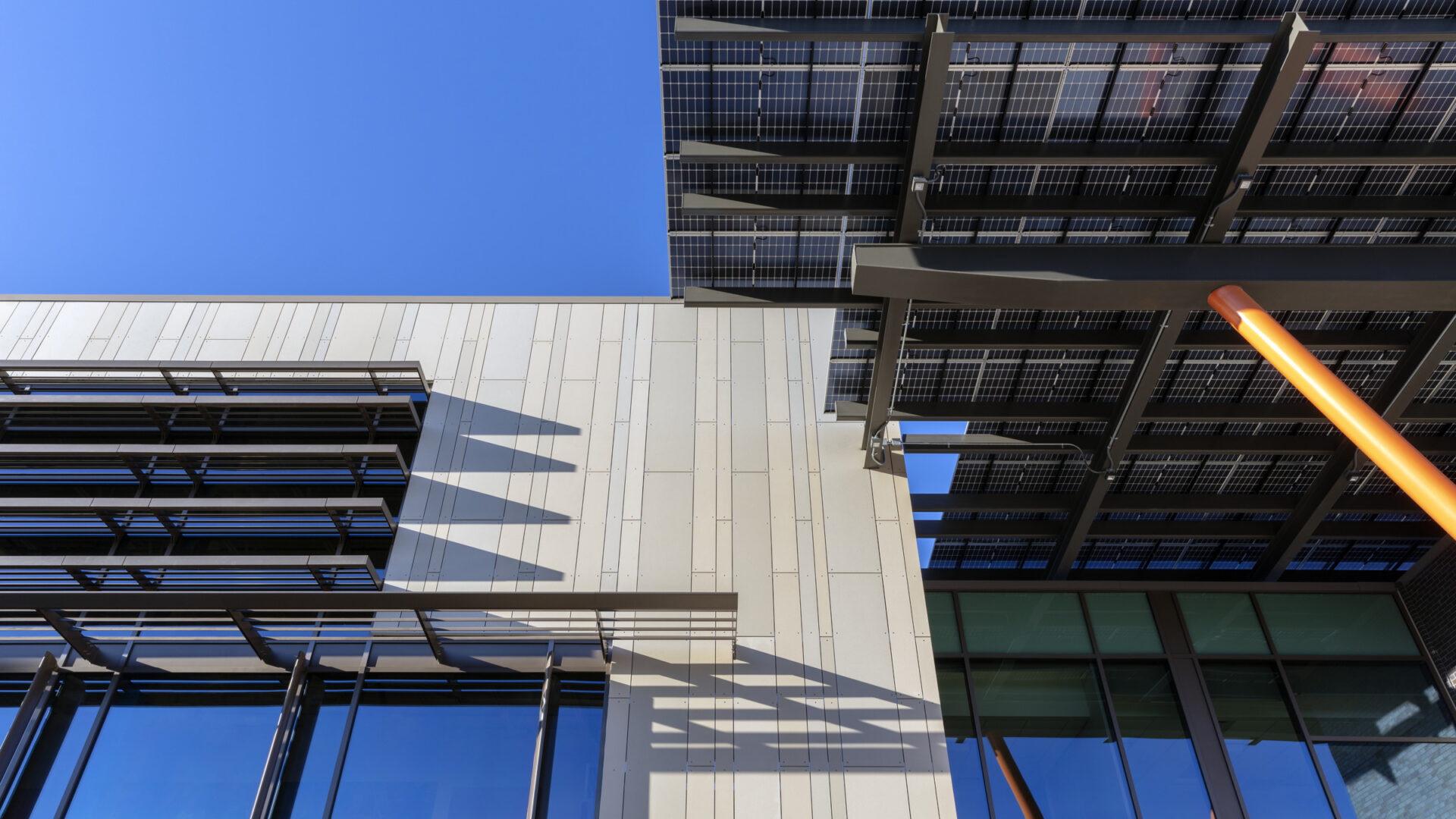 John Lewis Elementary School entry overhang made up of solar panels in Washington, DC