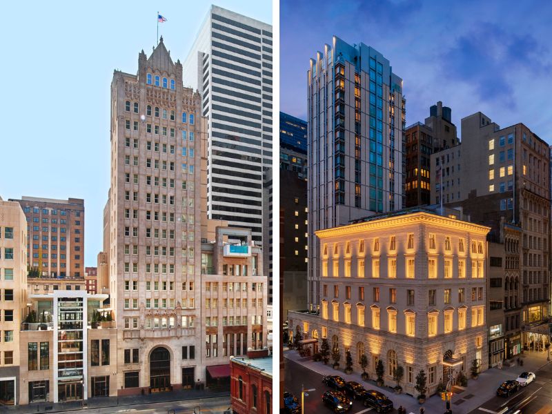 The Joule Hotel in Dallas, above left, and The Fifth Avenue Hotel in New York represent the successful intervention of new construction to complement and elevate the adaptive reuse of historic buildings.