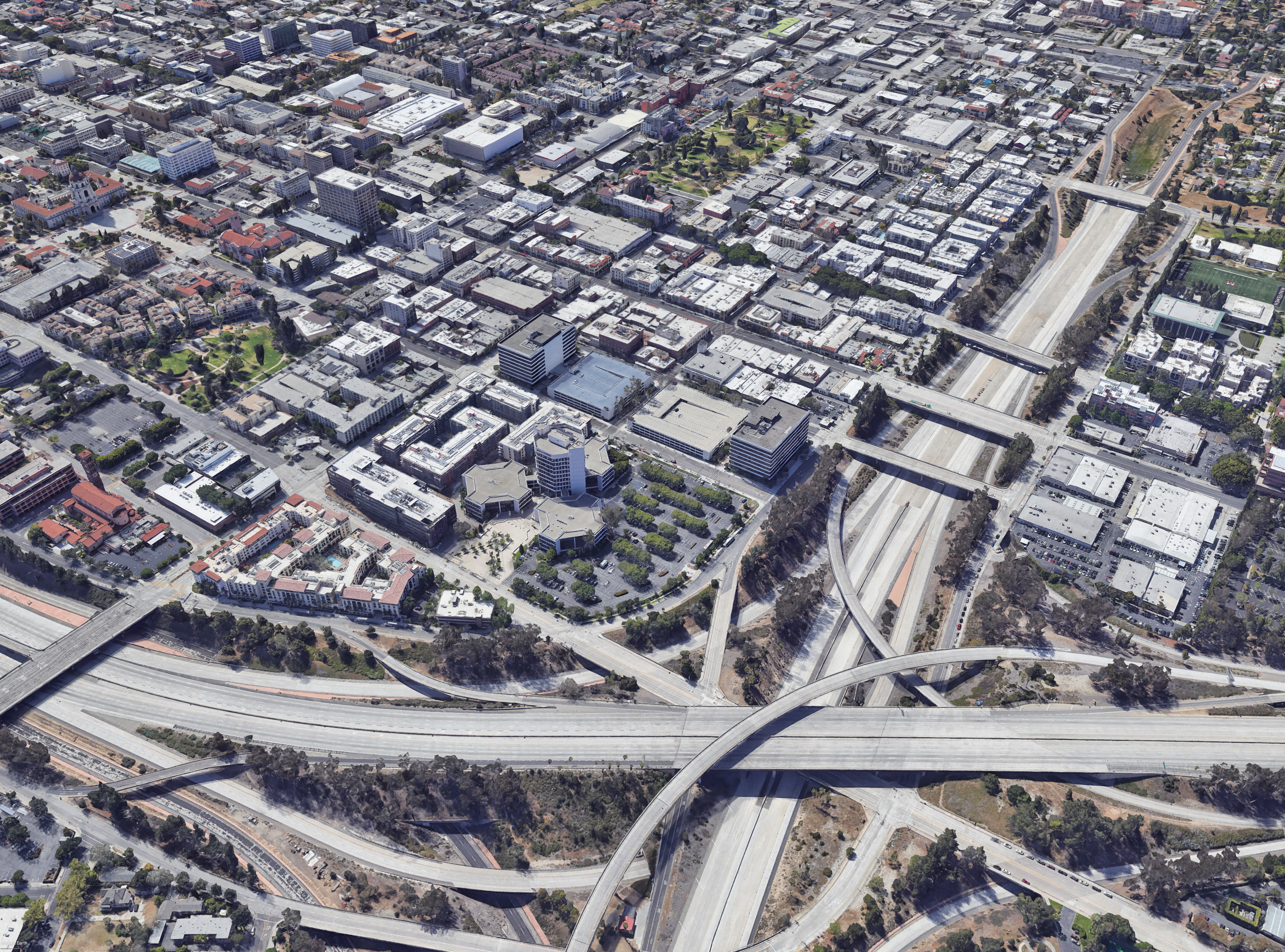 Aerial photograph showing the Intersection of the SR 710 Stub (top to bottom) and 210 (left to right) in Pasadena, California.