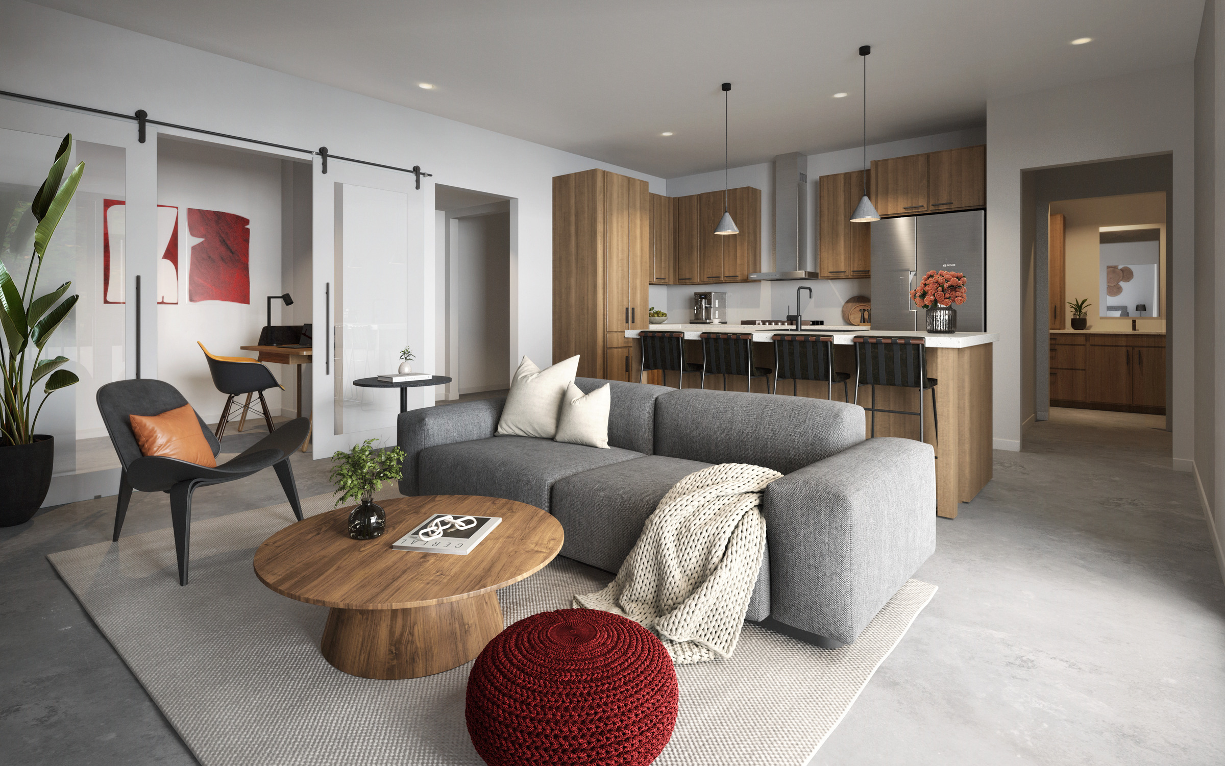 Apartment living room with office niche at Western Supply in Tulsa, OK