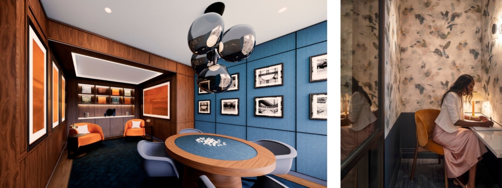 A planned lounge and listening room at The Rookery (left) and a private phone/work booth at 1875 K Street (right).