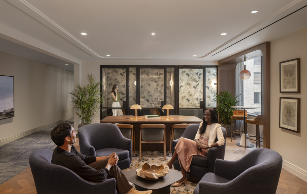 A lounge at 1875 K Street features soft lines and colors.